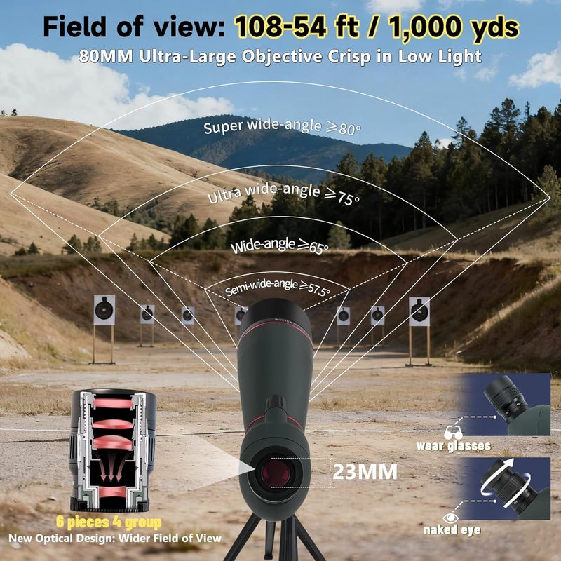 BOSTRON Spotting Scope, 20-60x80 Spotting Scopes for Target Shooting with Tripod BAK4 Prism & FMC Lens, 23mm Eyepiece Waterproof Spotter Scope for Birding Moon Viewing,Phone Adapter Carrying Bag,Green - Image 3